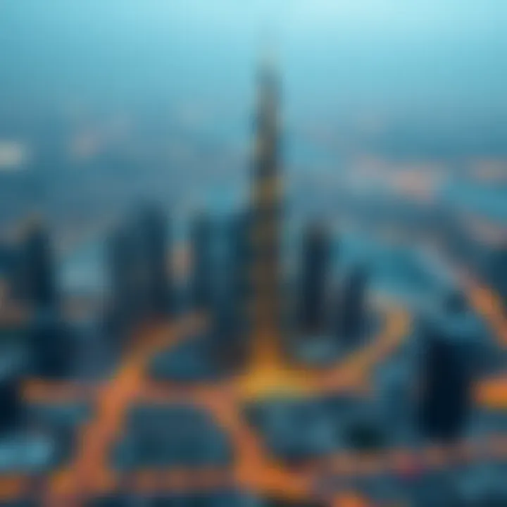 Dubai Skyline Highlighting Al Fahad Building Aerial view of Al Fahad Building within the Dubai skyline