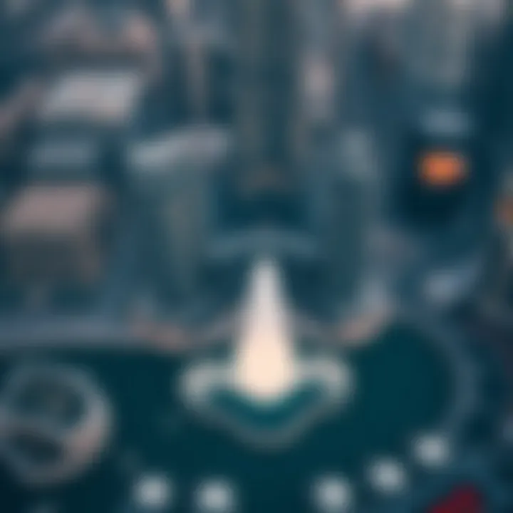 Aerial Perspective of Burj Khalifa Fountain Aerial view of Burj Khalifa fountain surrounded by skyscrapers