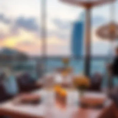 Luxurious dining setting overlooking the marina at sunset.