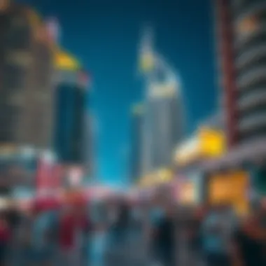 Vibrant nightlife scene with illuminated buildings and bustling crowds.