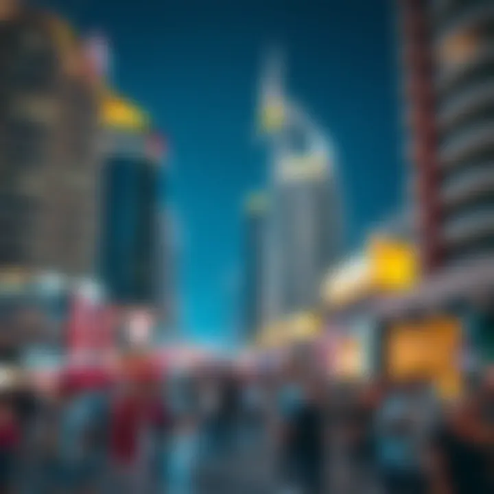 Vibrant nightlife scene with illuminated buildings and bustling crowds.