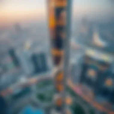 Aerial view of Al Noor Tower showcasing its unique architecture against the Dubai skyline
