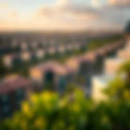 A panoramic view of residential buildings in Discovery Gardens, Street 2.