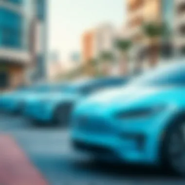 Electric Cars in a Trendy Urban Setting Trendy urban setting with electric cars parked