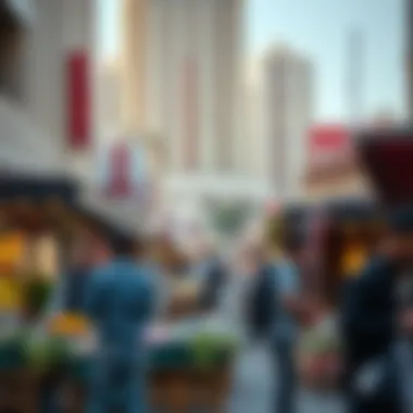 Downtown Market Scene A bustling outdoor market scene in downtown Dubai, capturing the essence of urban lifestyle and community.