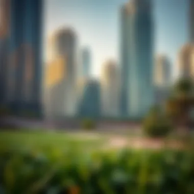 Urban Park in Downtown A serene park area amidst skyscrapers in downtown Dubai, illustrating the balance of nature and urban living.