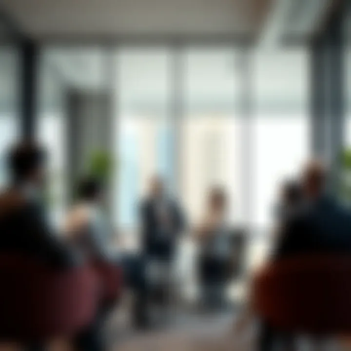 Business Discussions in Dubai Tecom Business professionals engaging in discussions in a Dubai Tecom office