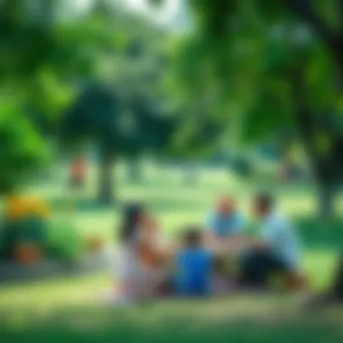 Joyful Gatherings: Family Time in Greenery A family enjoying a picnic under the shade of trees in a well-maintained green space