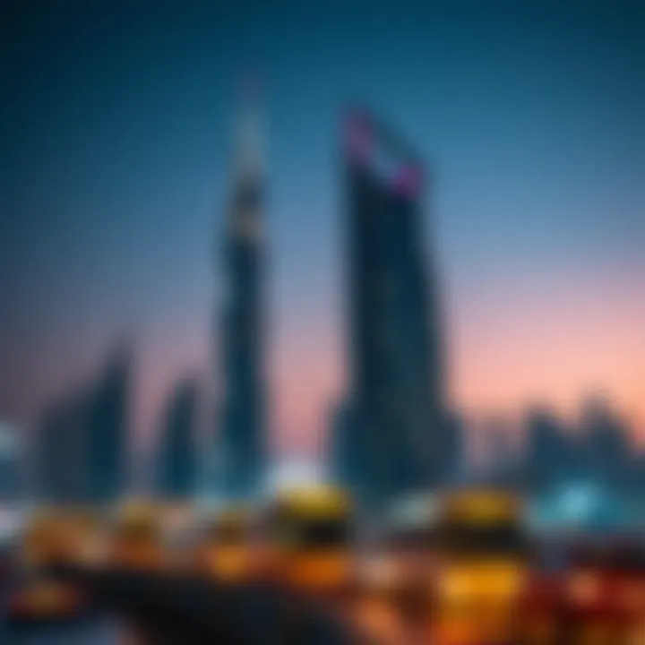 Dubai Skyline Featuring Lake City Tower at Night Evening skyline of Dubai with Lake City Tower illuminated, signifying investment potential