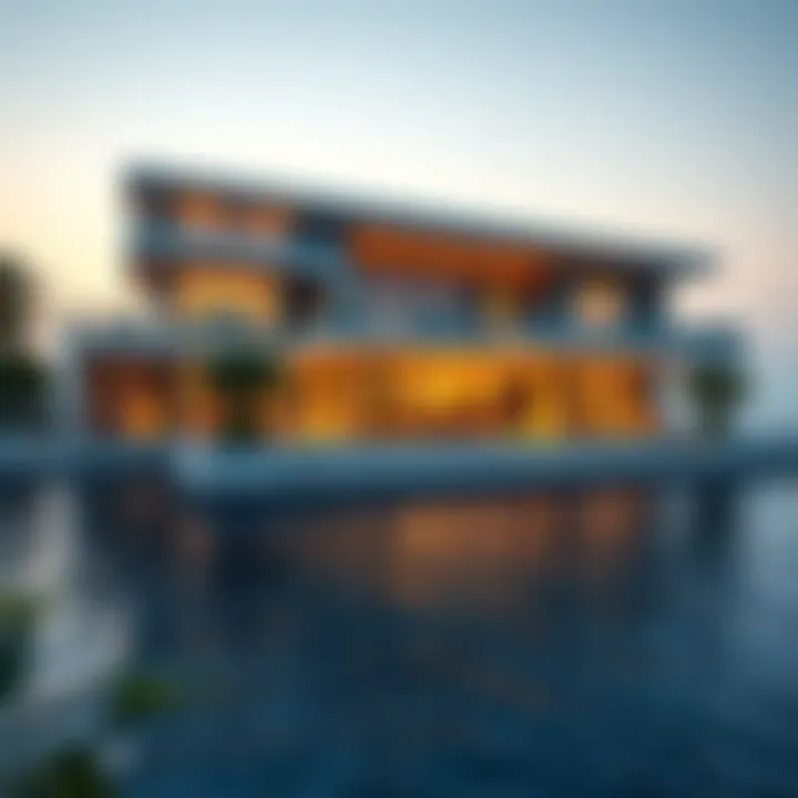 Waterfront Mansion with Modern Architecture The stunning exterior of a waterfront mansion in Dubai, designed with modern architecture.