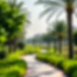 Lush greenery and walking paths in Mirdif Park