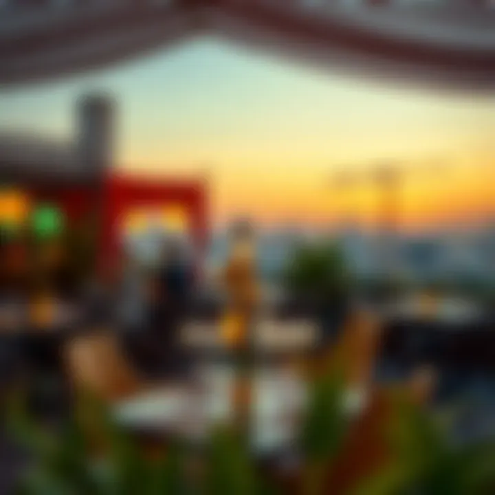 Vibrant Rooftop Ambiance Exquisite dining setup with vibrant decor in the background