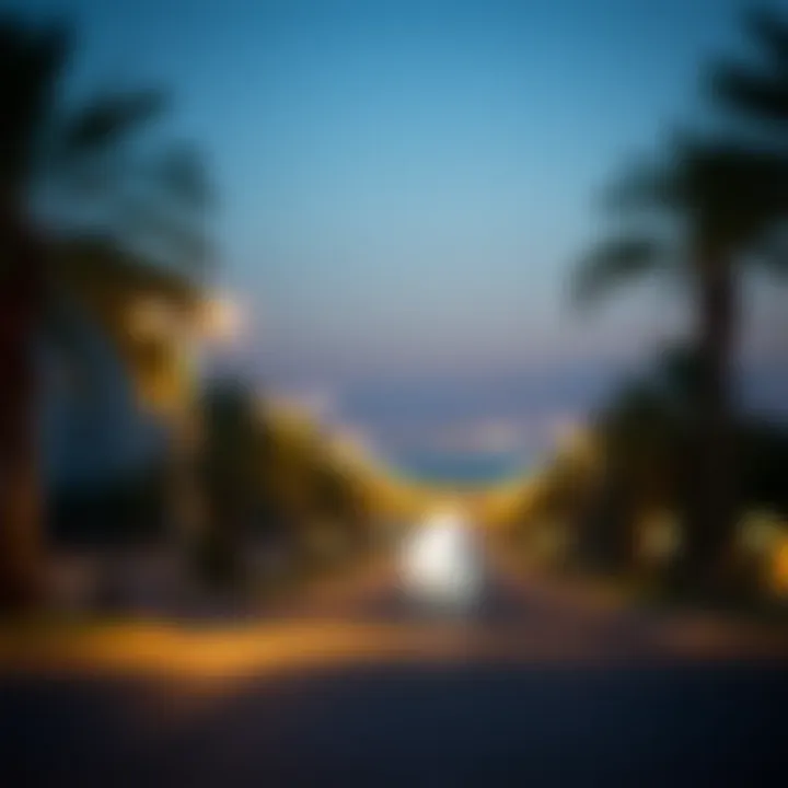 Evening Serenity on شارع أم سقيم An evening view of شارع أم سقيم illuminated by street lights and surrounded by palm trees