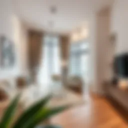 A modern studio apartment interior showcasing minimalist design and natural light