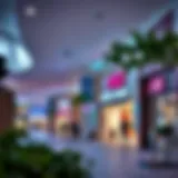 Vibrant outlet mall exterior showcasing diverse brands