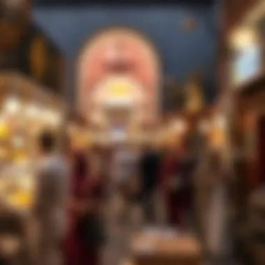 A bustling scene of traders and visitors engaged in commerce within the souk.
