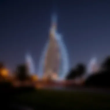Dubai's Nighttime Architectural Brilliance Night view of a landmark building in Dubai illuminated beautifully