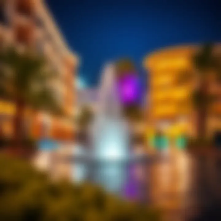 Vibrant Night Scene at Fountain Walk Vibrant night scene at Fountain Walk, emphasizing the lively ambiance and illuminated surroundings.