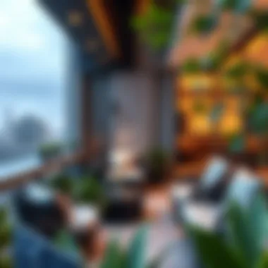 Stylish Balcony Oasis Elegant modern balcony with lush greenery and sleek furniture