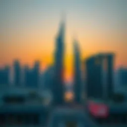Iconic skyscrapers in Dubai's skyline at sunset