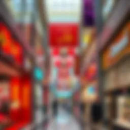 A vibrant shopping mall with colorful storefronts showcasing a variety of products.