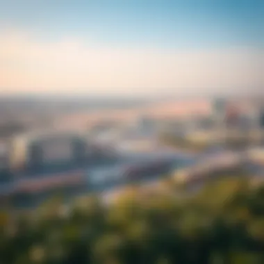 Urban Integration of حديقة الهيلي A panoramic view of the urban landscape surrounding حديقة الهيلي, illustrating its integration into Dubai.