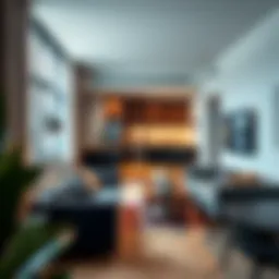 Sleek interior design of a modern studio apartment showcasing multifunctional furniture.