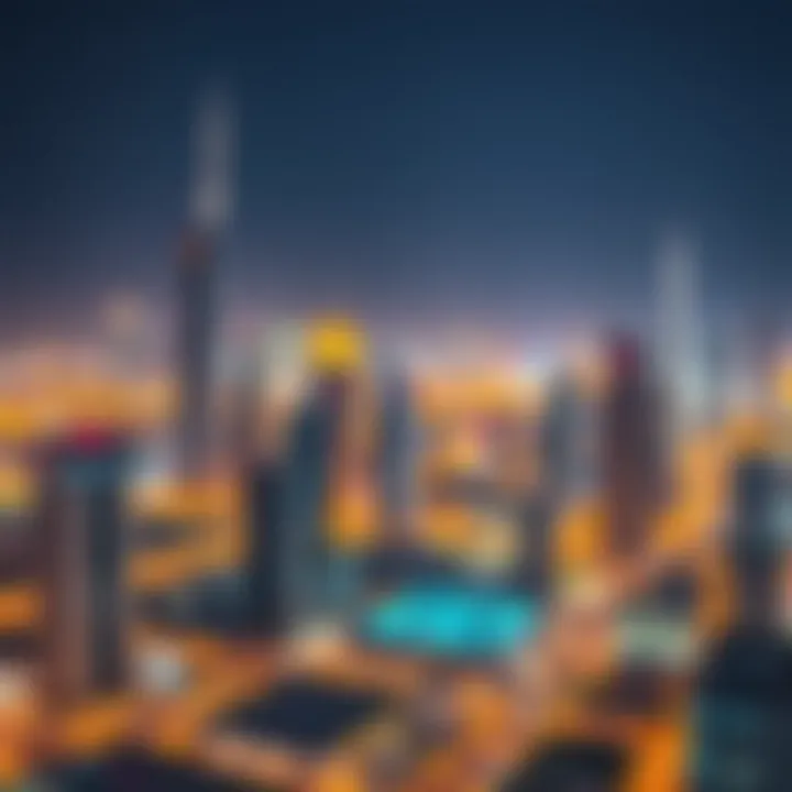 Panoramic View of Dubai's Night Skyline A panoramic view of Dubai's skyline at night with vibrant lights and energy