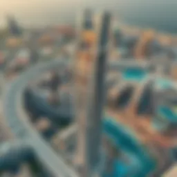 Aerial view of Vista Tower Dubai showcasing its unique architectural design